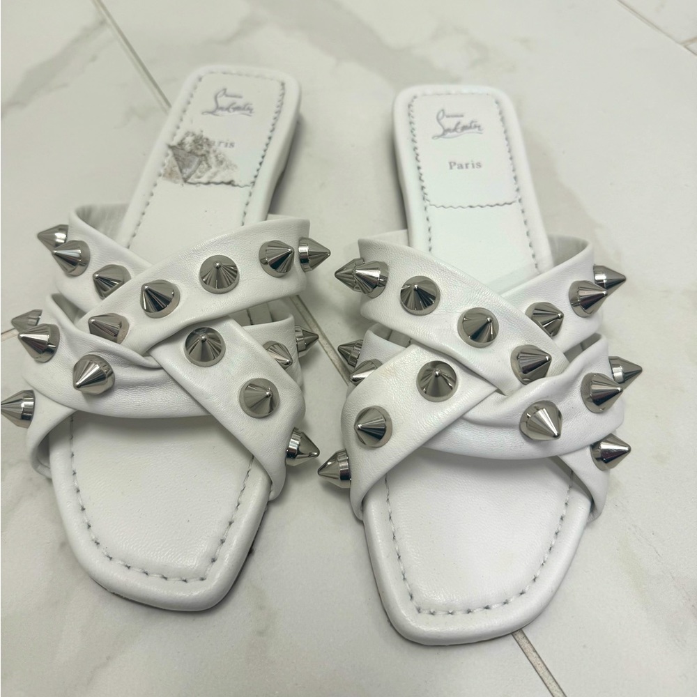 CHRISTIAN LOUBOUTIN MISS SPIKA CLUB LEATHER SLIDE SANDALS